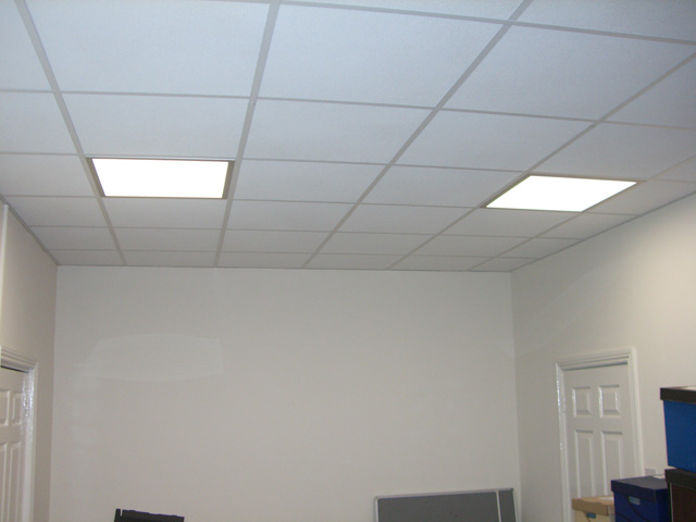 Suspended ceiling with recessed LED lighting at offices in Exeter, Dorset